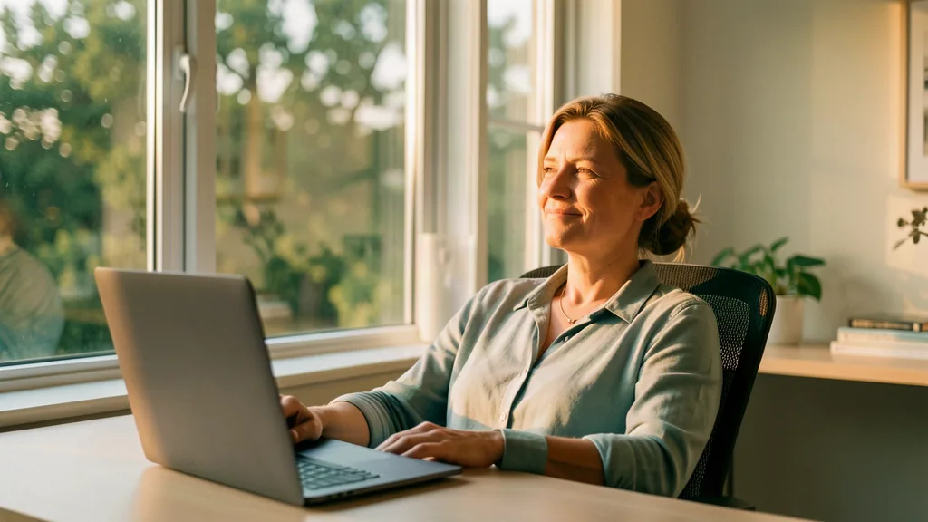 A professional at the end of a working day, calm, laptop closed